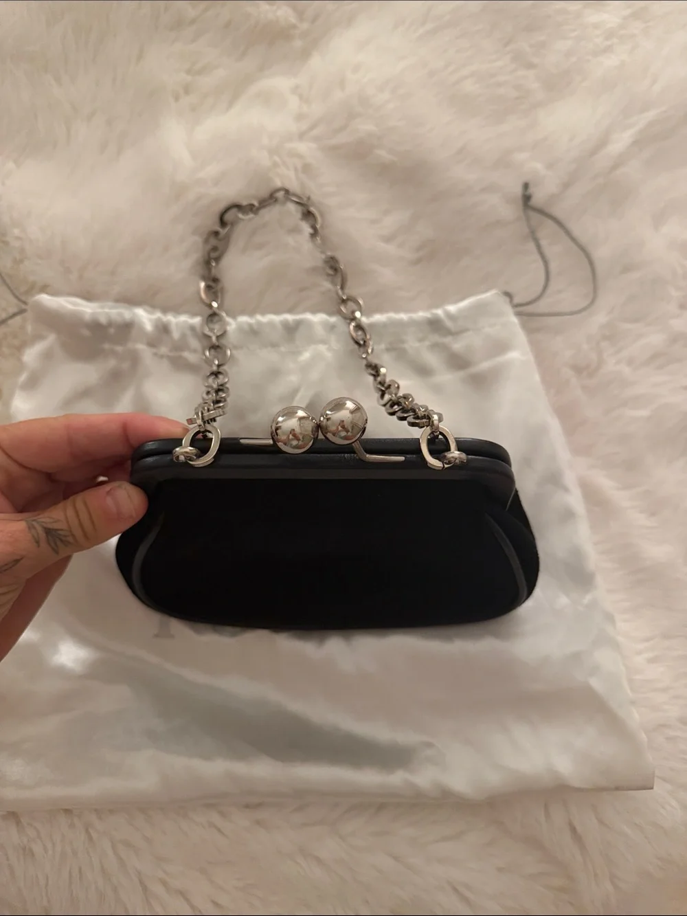 Furla Black Velvet Evening Clutch with Silver Chain
